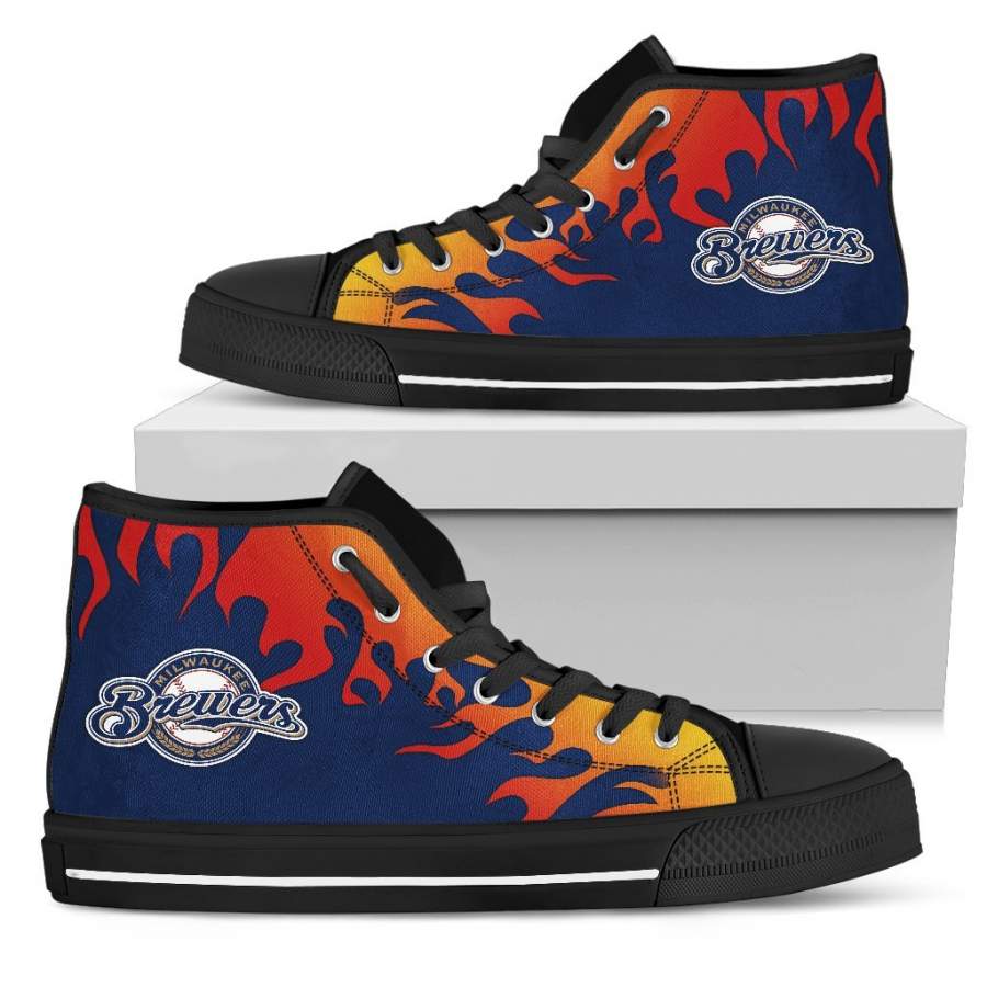 Fire Burning Fierce Strong Logo Milwaukee Brewers High Top Shoes