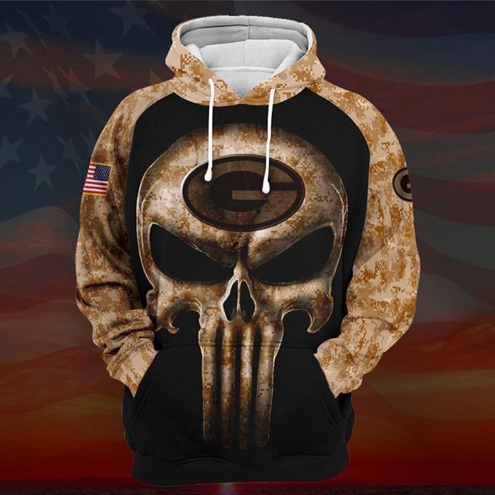 Camouflage Skull Green Bay Packers American Flag Unisex 3D Zip up Hoodie Jacket T-shirt