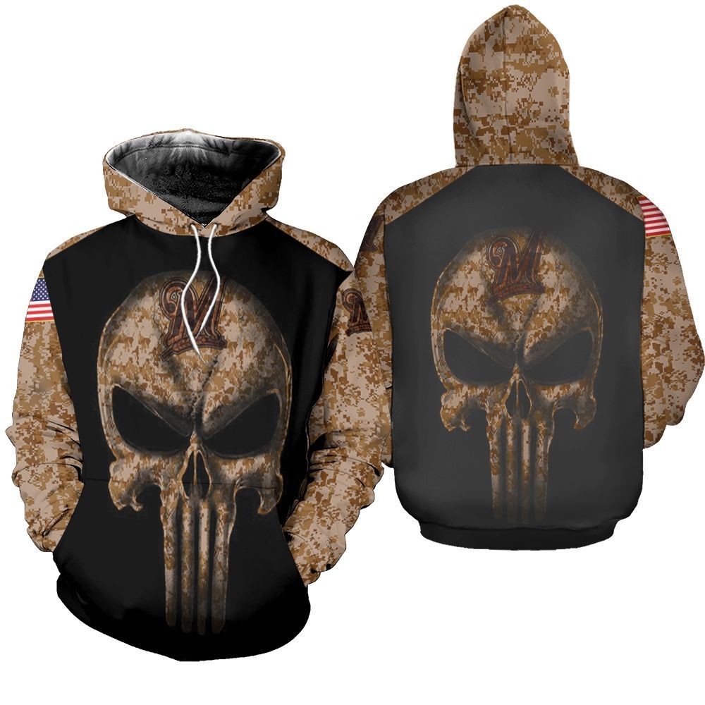 Camouflage Skull Milwaukee Brewers American Flag 3d Unisex Hoodie