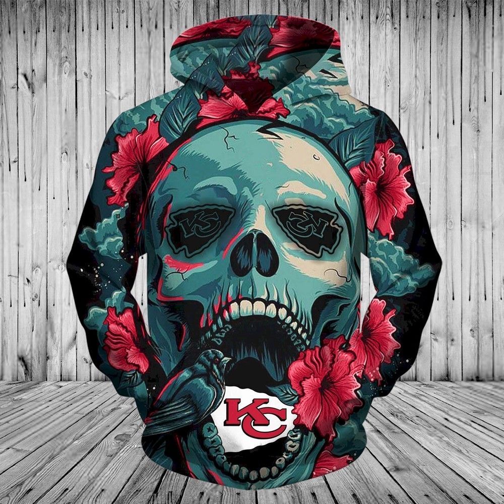 Kansas City Chiefs New Skull Flower Full S1580 3D Pullover Hoodie, Bomber Jacket, Sweatshirt, T-Shirt