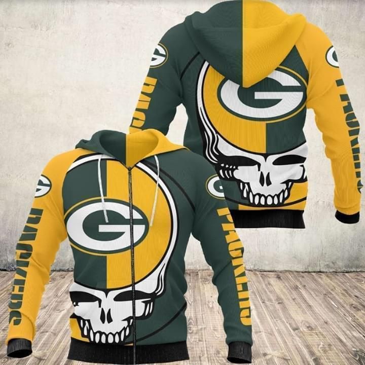 Grateful Dead Skull Green Bay Packers Unisex 3D Zip up Hoodie Jacket T-shirt