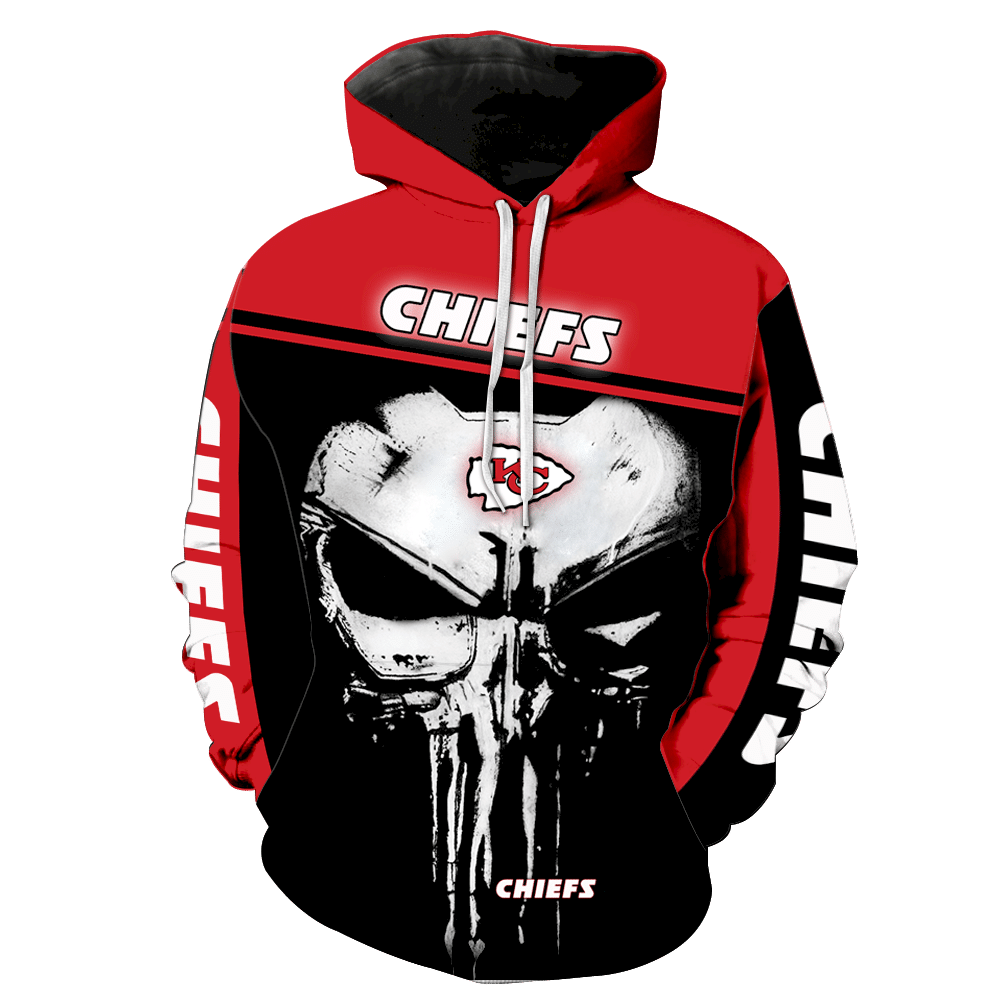 Kansas City Chiefs Punisher Skull V1443 3D Pullover Hoodie, Bomber Jacket, Sweatshirt, T-Shirt