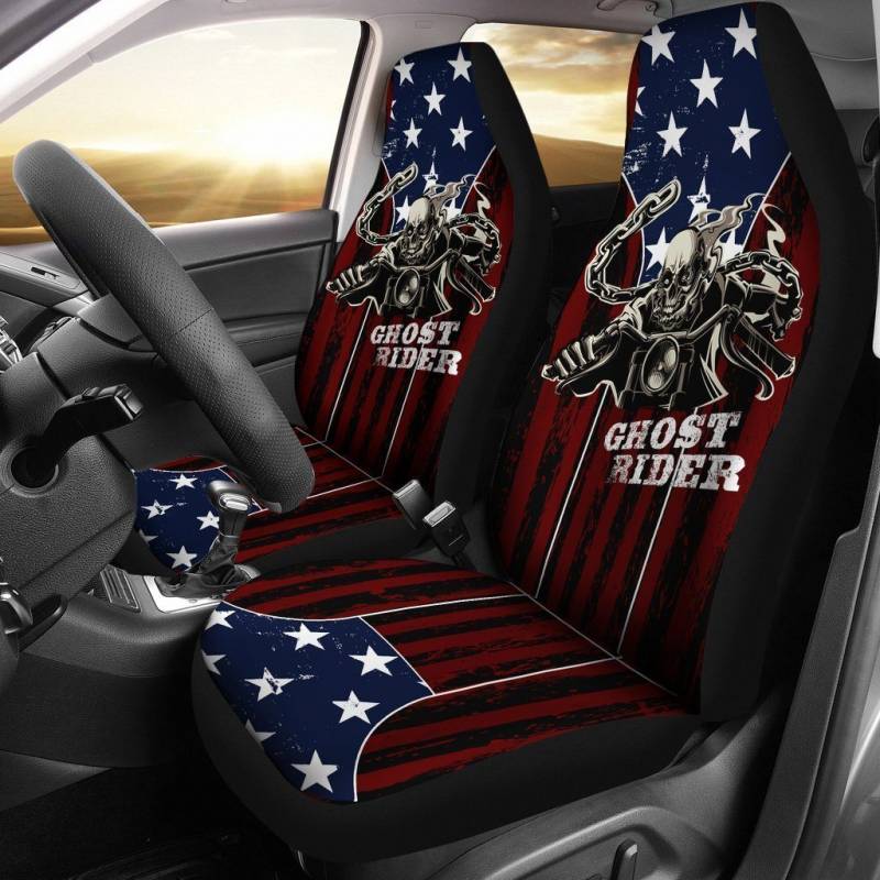 Ghost Rider Car Seat Covers, Polyester, Universal Fit, American Flag Background, Set of 2