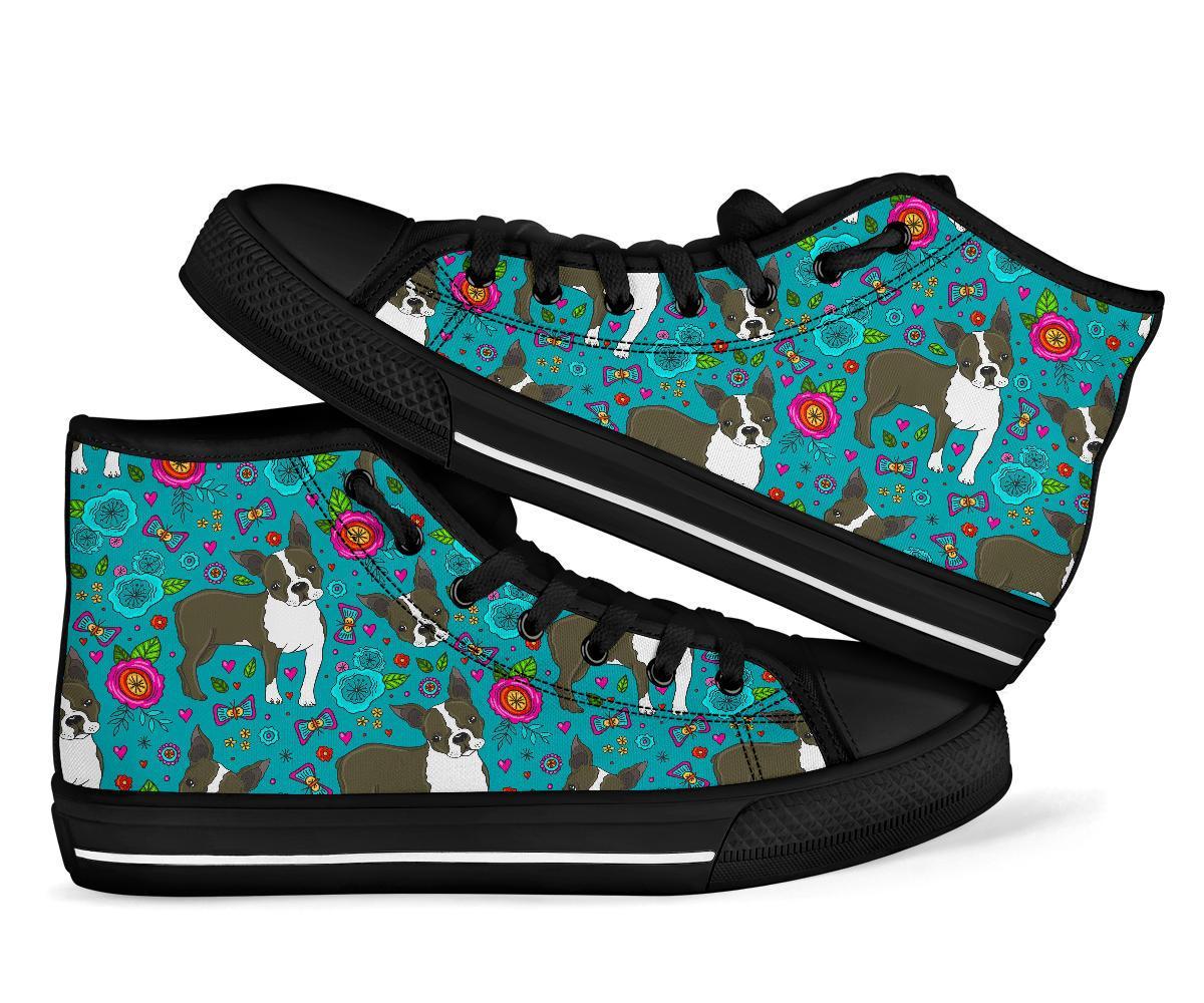 Flower Boston Terrier Pattern Print Men Women’S High Top Shoes