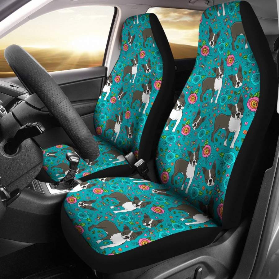 Flower Boston Terrier Pattern Print Universal Fit Car Seat Cover