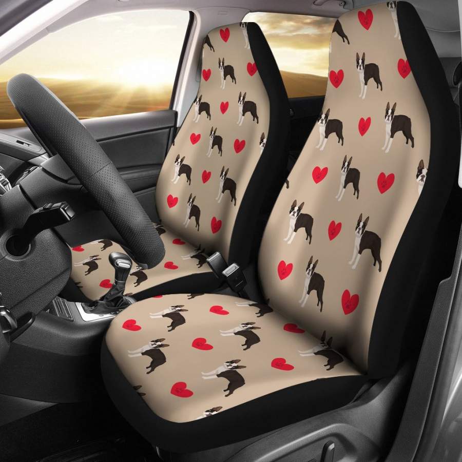 Boston Terrier Heart Paw Pattern Print Universal Fit Car Seat Cover