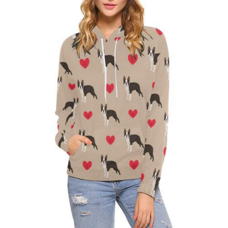 Boston Terrier Heart Paw Pattern Print Women Pullover Hoodie