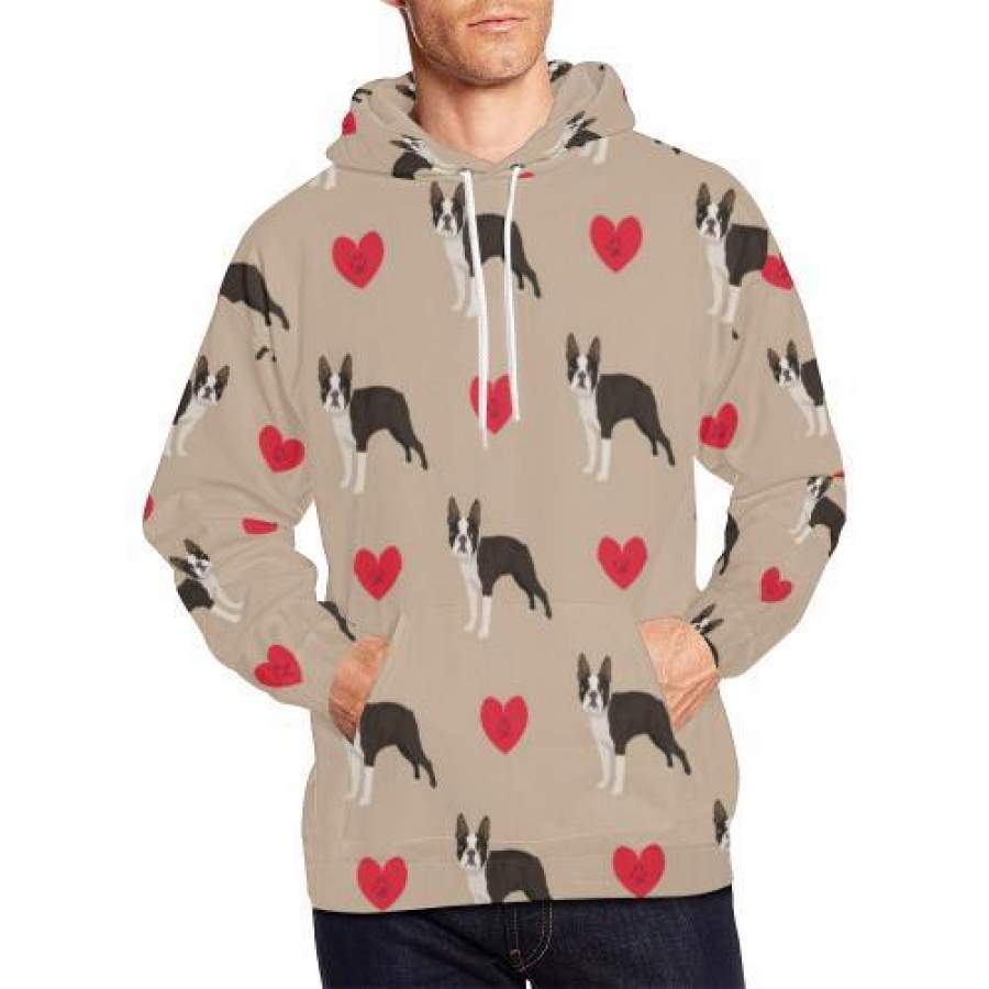 Boston Terrier Heart Paw Pattern Print Men Pullover Hoodie