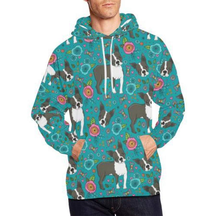 Flower Boston Terrier Pattern Print Men Pullover Hoodie