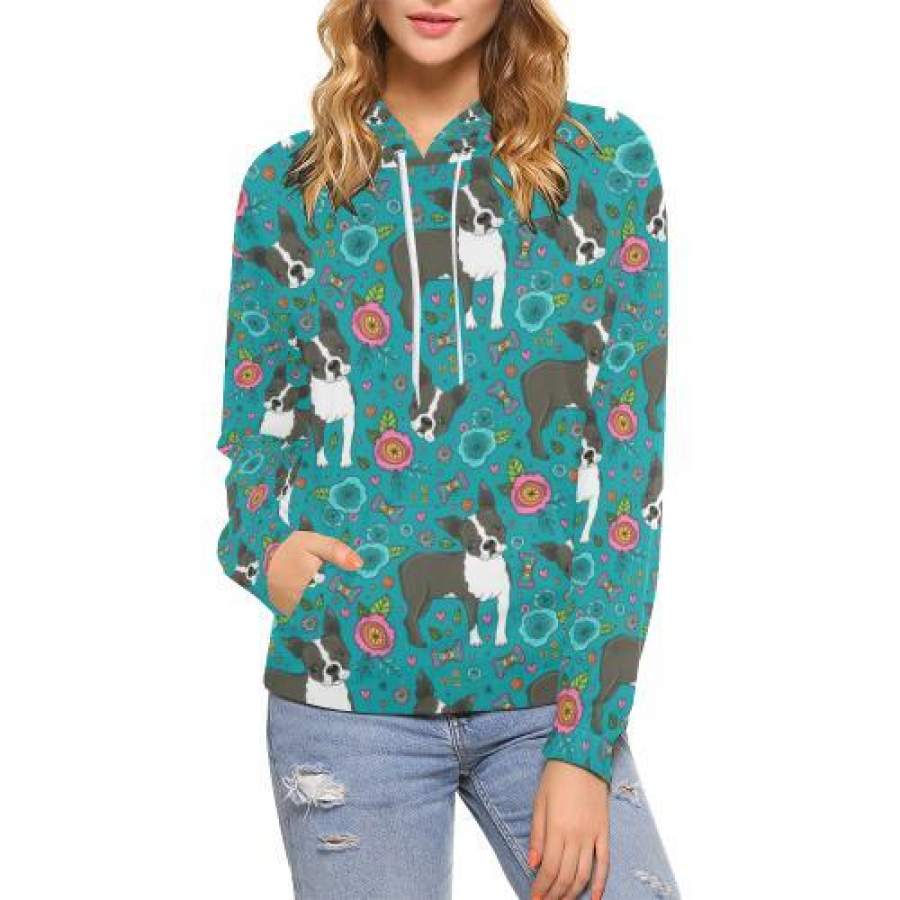 Flower Boston Terrier Pattern Print Women Pullover Hoodie