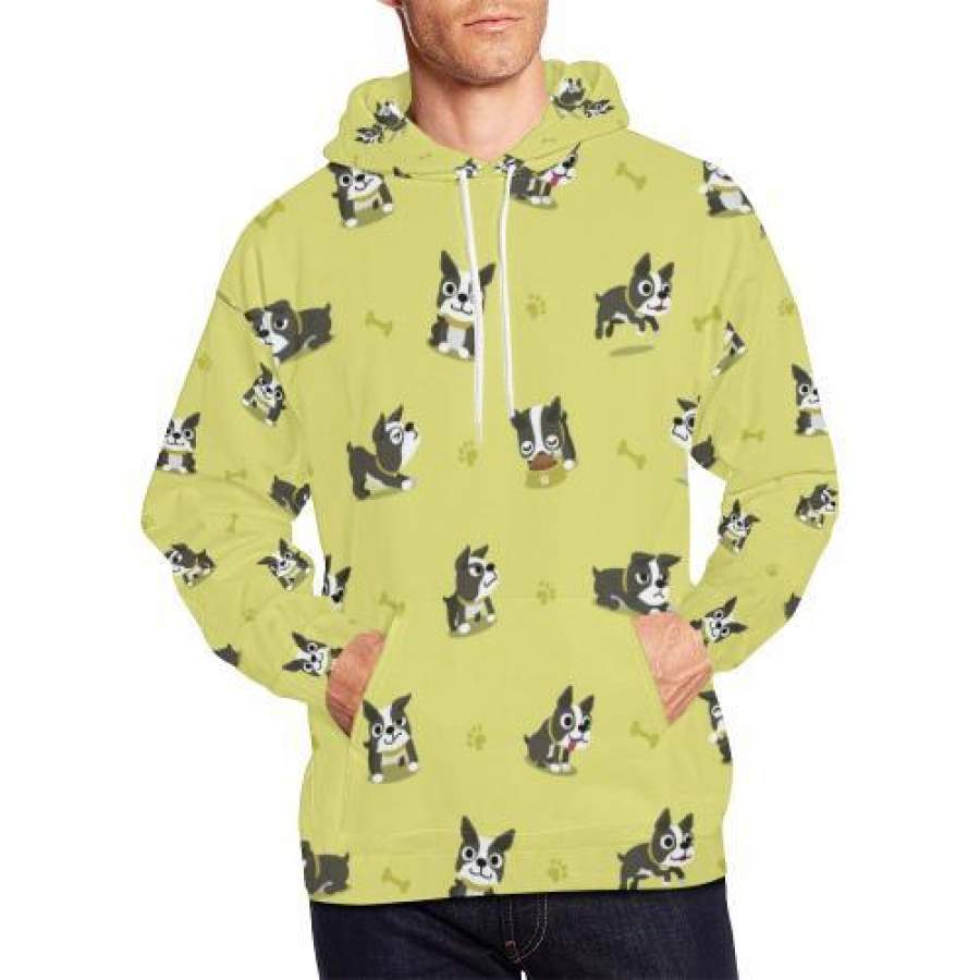 Boston Terrier Paw Pattern Print Men Pullover Hoodie