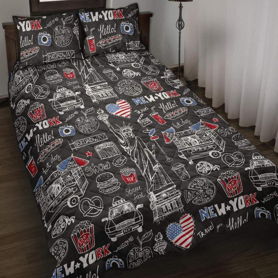 New York Love Pattern Print Bed Set Quilt