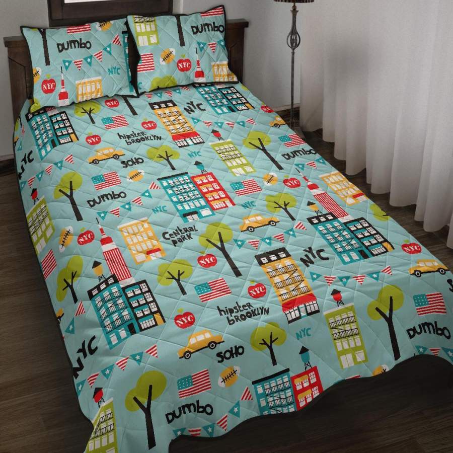 New York Print Pattern Bed Set Quilt