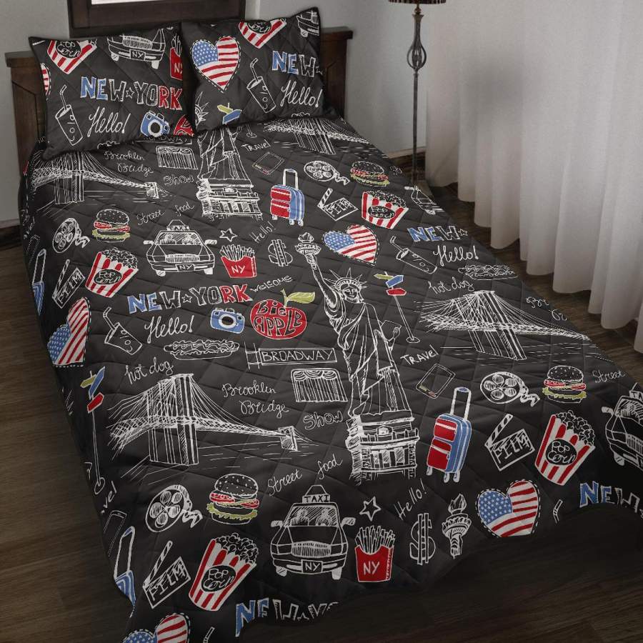 Love New York Print Pattern Bed Set Quilt