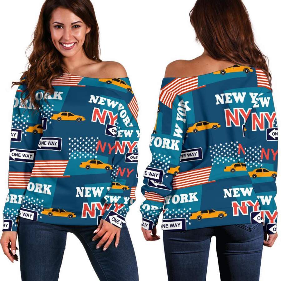 New York Pattern Print Women Off Shoulder Sweatshirt