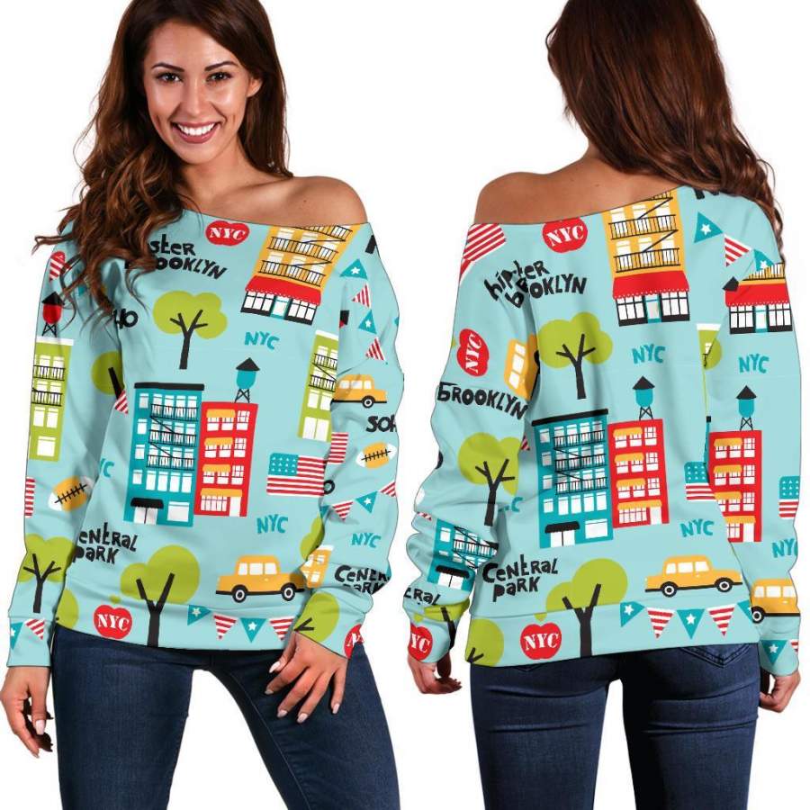 New York Print Pattern Women Off Shoulder Sweatshirt