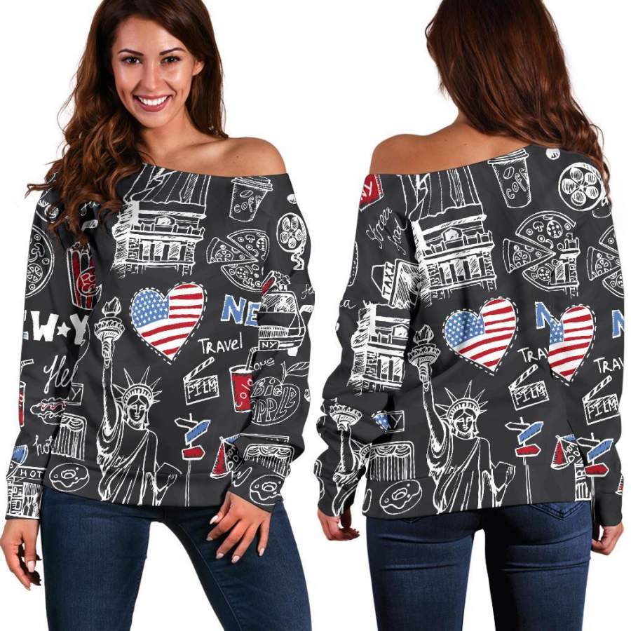 New York Love Pattern Print Women Off Shoulder Sweatshirt