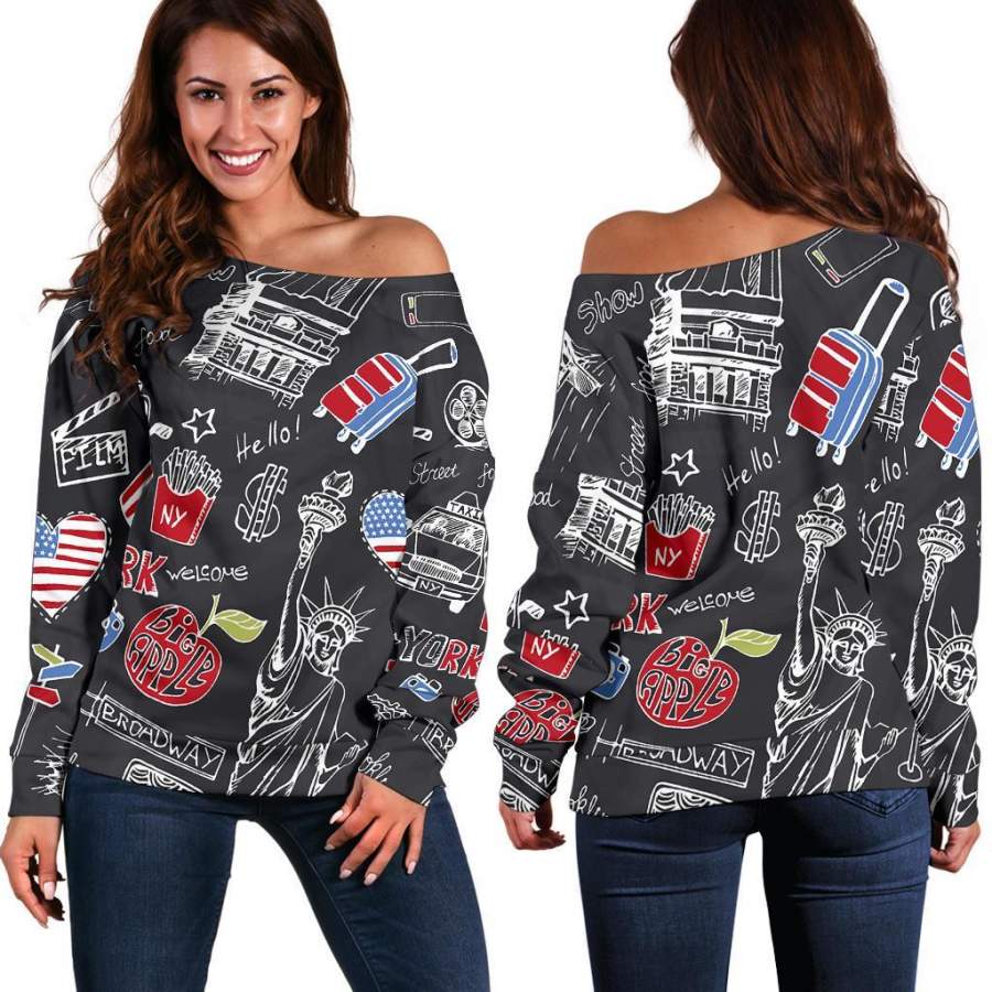 Love New York Print Pattern Women Off Shoulder Sweatshirt