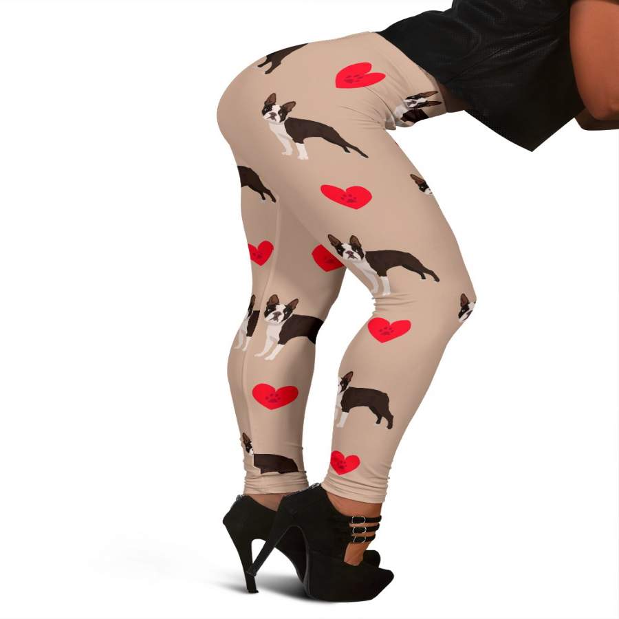 Boston Terrier Heart Paw Pattern Print Women Leggings