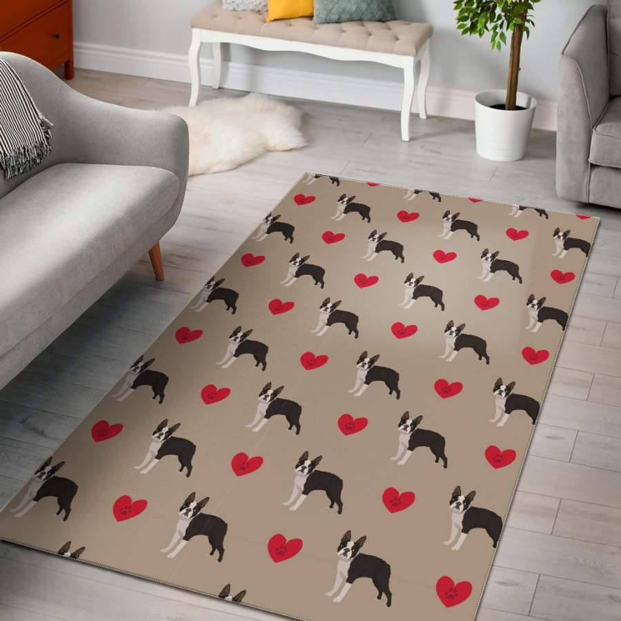 Boston Terrier Heart Paw Pattern Print Area Rug