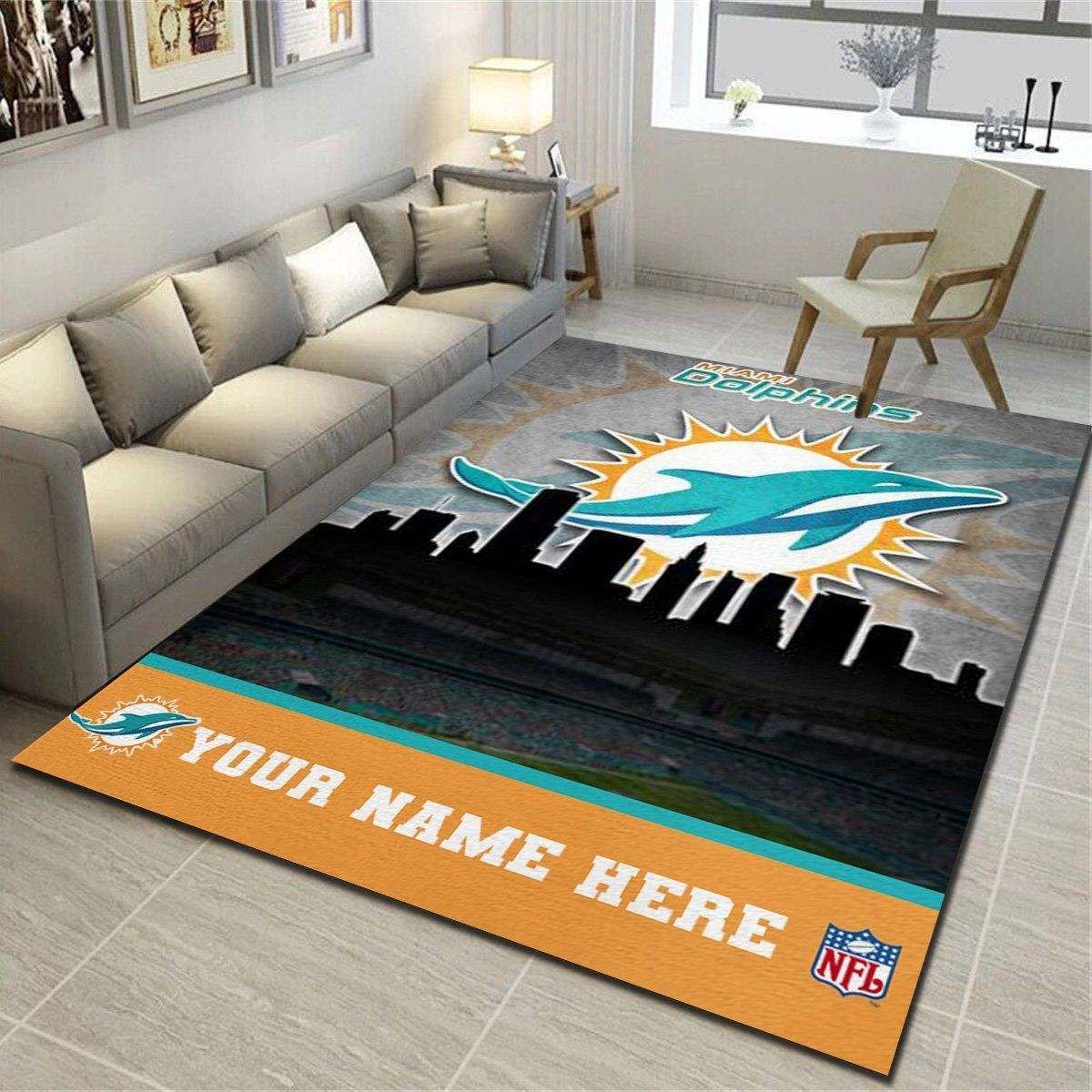 Miami Dolphins Personalized Area Rug, Team Living Room Bedroom Carpet, Customized Floor Mat