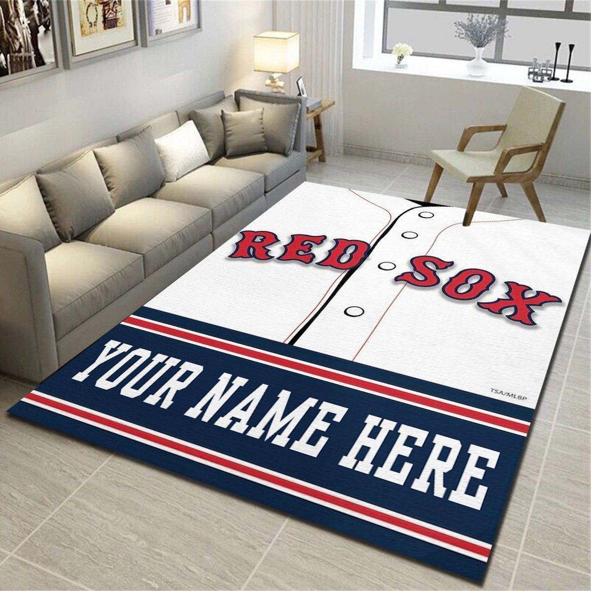 Boston Red Sox Personalized Rug, Team Living Room Bedroom Carpet, Customized Man Cave Floor Mat