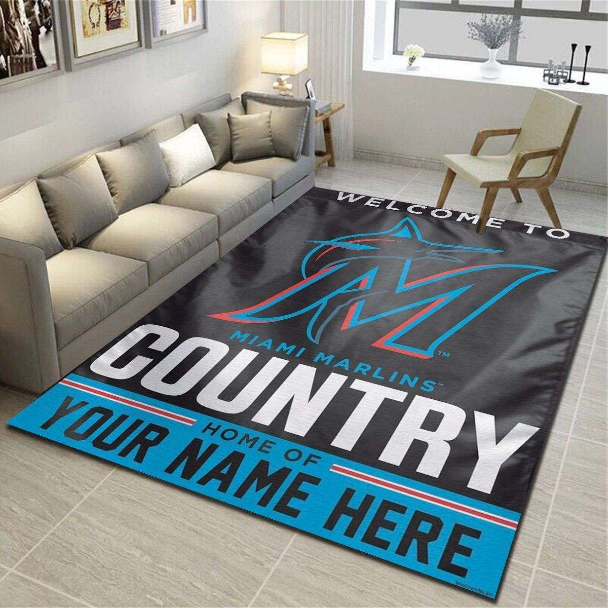 Miami Marlins Personalized Area Rug, Team Living Room Bedroom Carpet, Customized Floor Mat