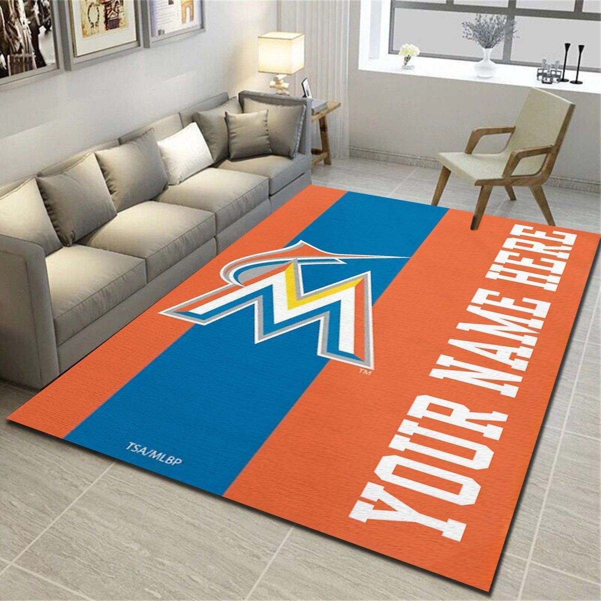 Miami Marlins Personalized Area Rug,Team Living Room Bedroom Carpet,Customized Man Cave Floor Mat