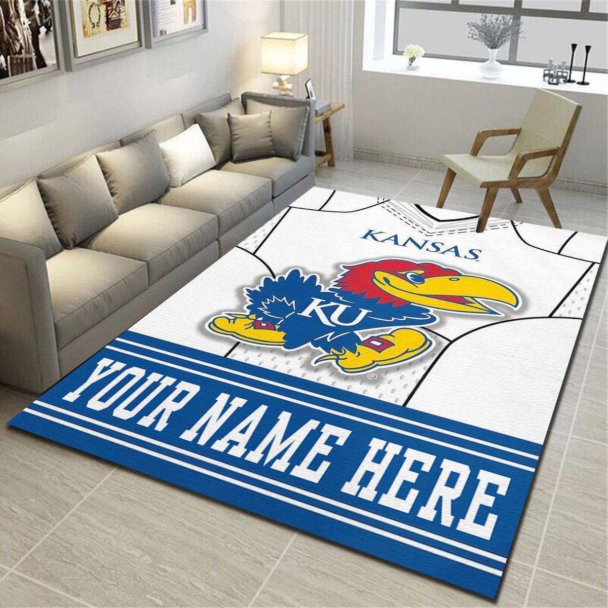 Kansas Jayhawks Personalized Rug, Team Living Room Bedroom Carpet, Customized Man Cave Floor Mat