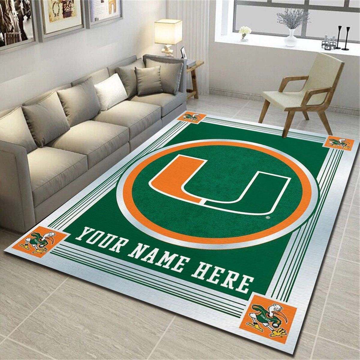 Miami Hurricanes Personalized Rug, Team Living Room Bedroom Carpet, Customized Floor Decor