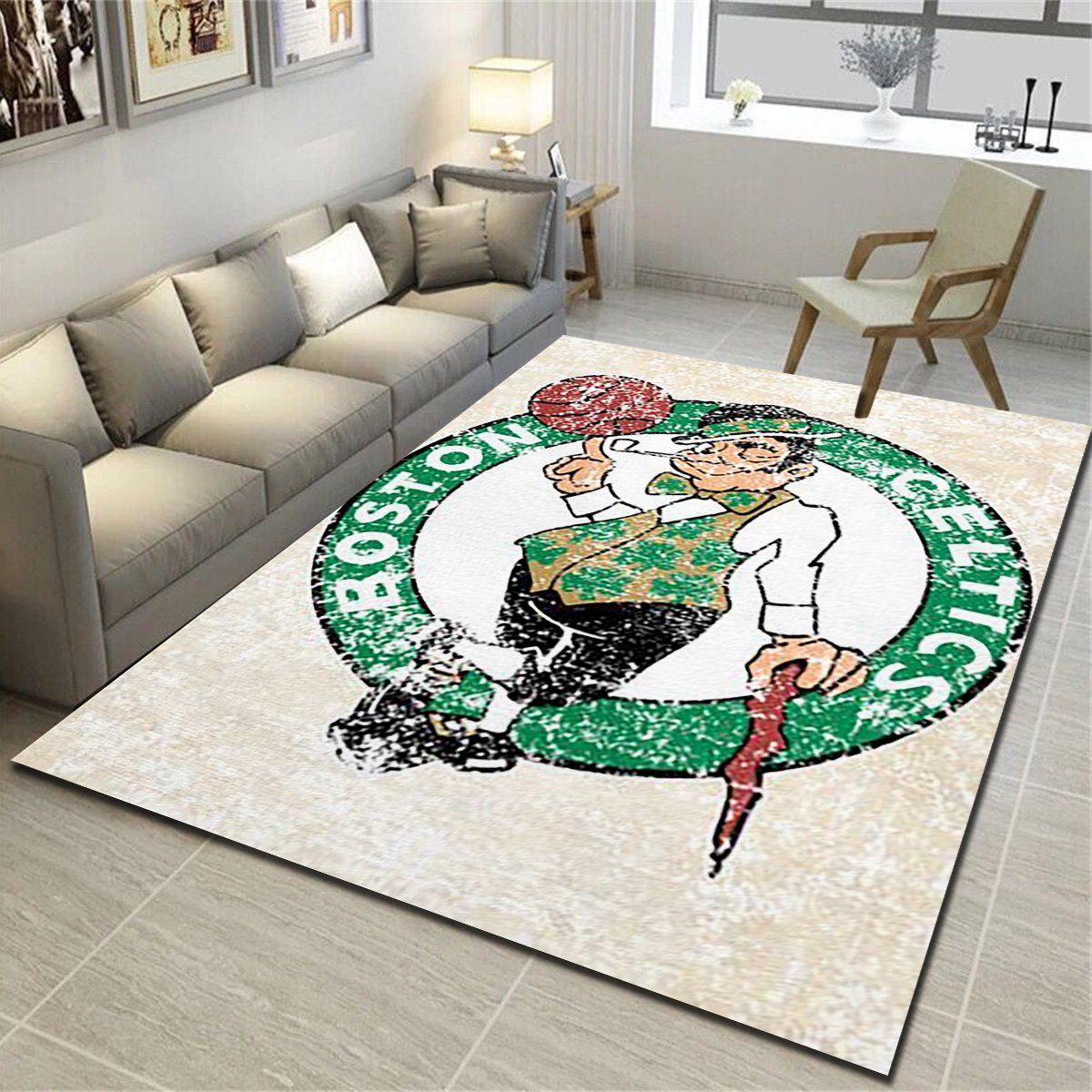 Boston Celtics Logo Area Rug, Basketball Team Living Room Bedroom Carpet, Sports Floor Decor