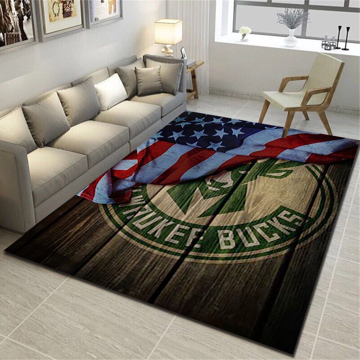 Milwaukee Bucks Logo Area Rug, Basketball Team Living Room Bedroom Carpet, Man Cave Floor Mat