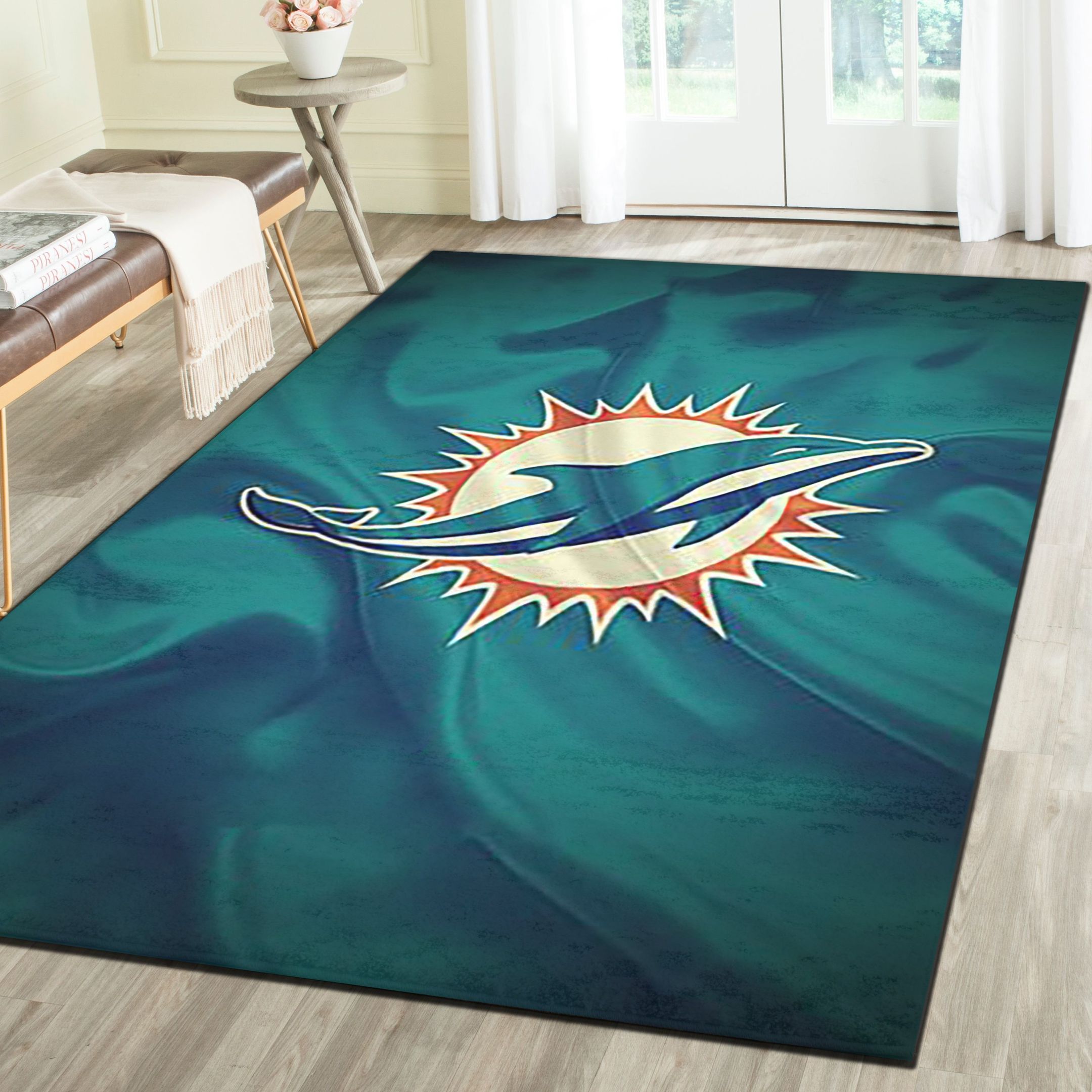 Miami Dolphins Area Rug, Football Team Living Room Bedroom Carpet, Man Cave Floor Mat