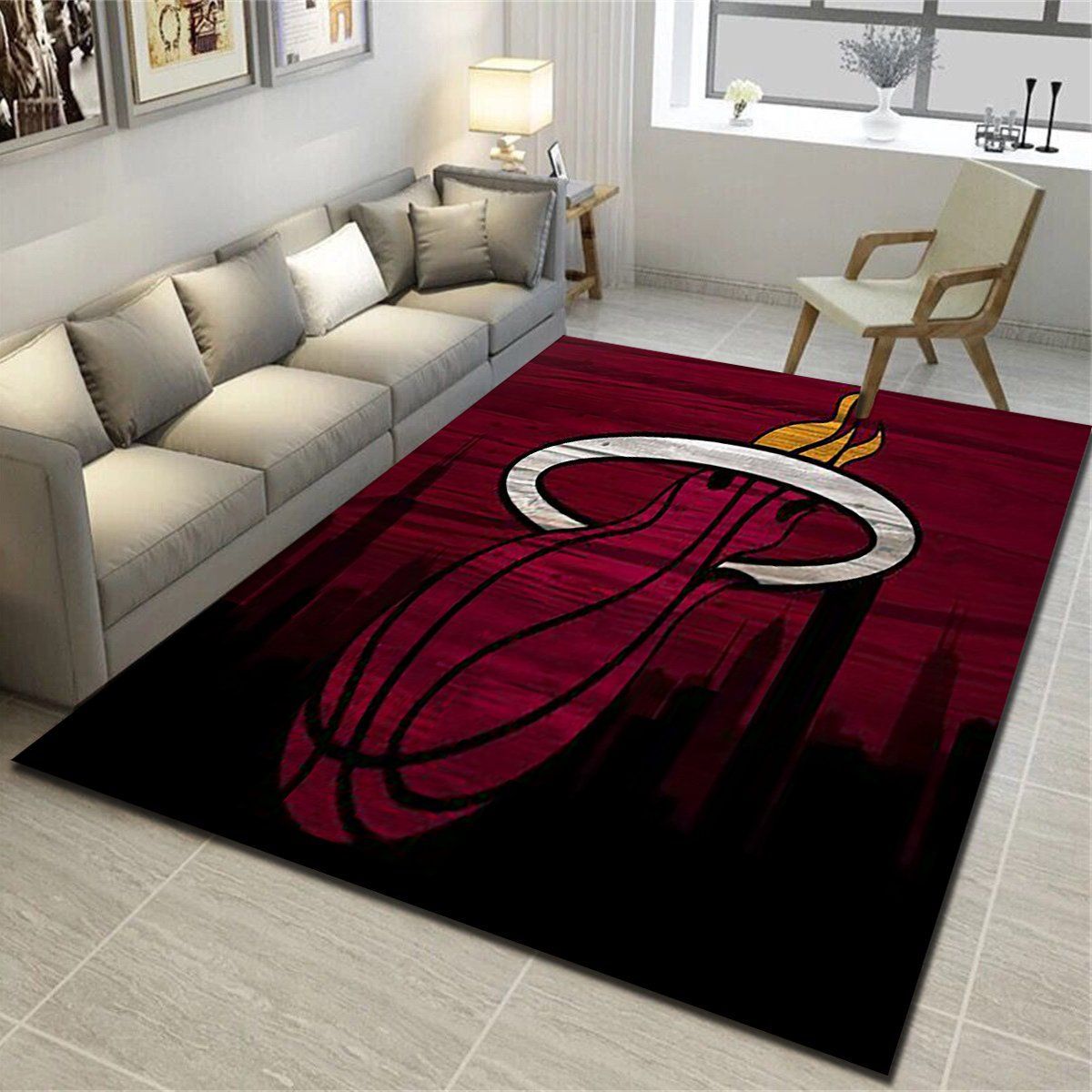 Miami Heat Area Rug, Basketball Team Living Room Bedroom Carpet, Sports Floor Decor