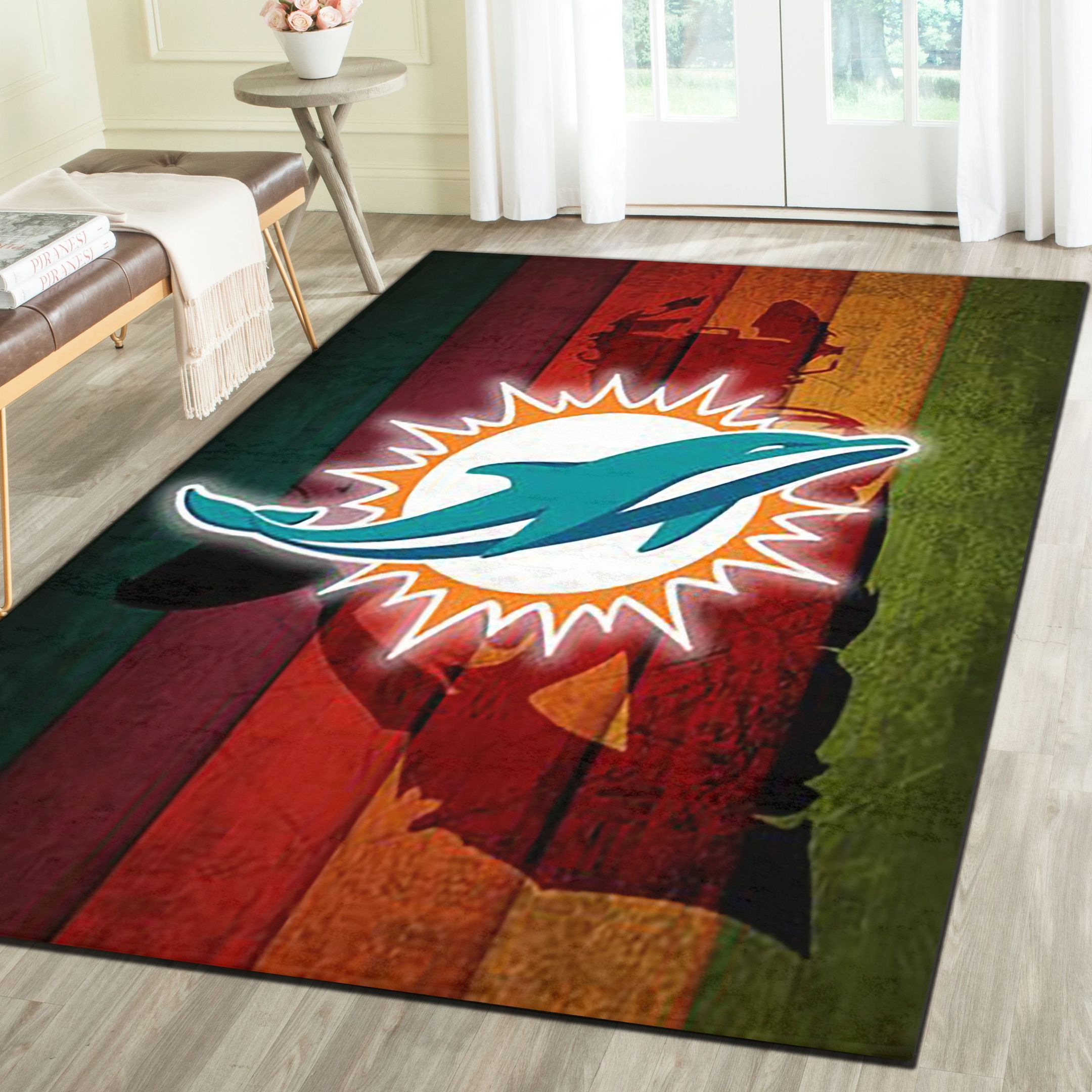 Miami Dolphins Area Rugs, Football Team Living Room Bedroom Carpet, Sports Floor Decor