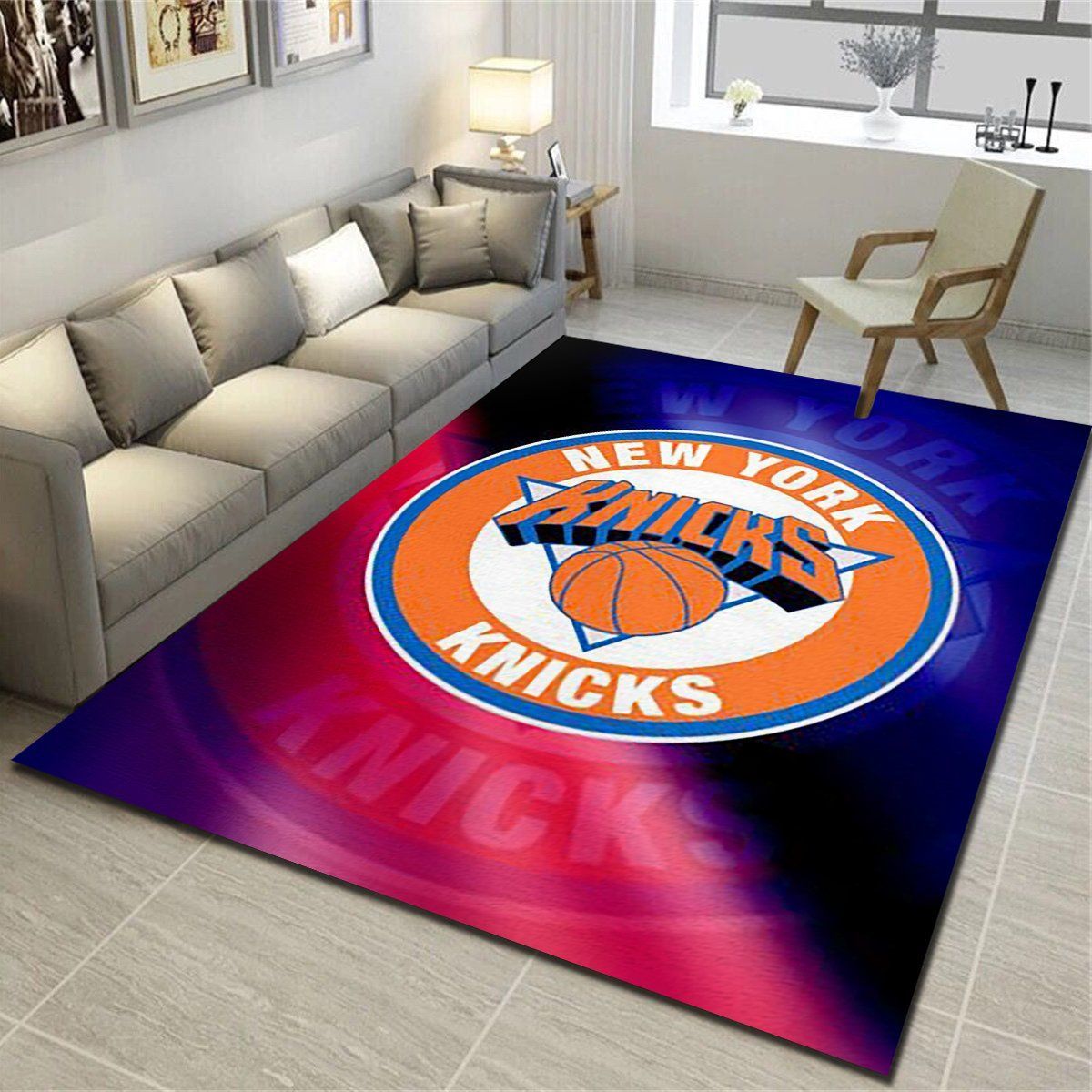 New York Knicks Area Rug, Basketball Team Living Room Carpet, Man Cave Floor Mat