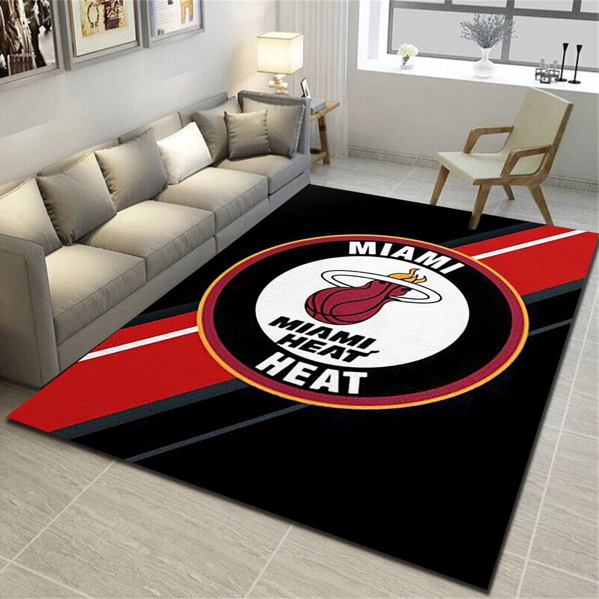 Miami Heat Logo Area Rug, Basketball Team Living Room Bedroom Carpet, Fan Cave Floor Mat