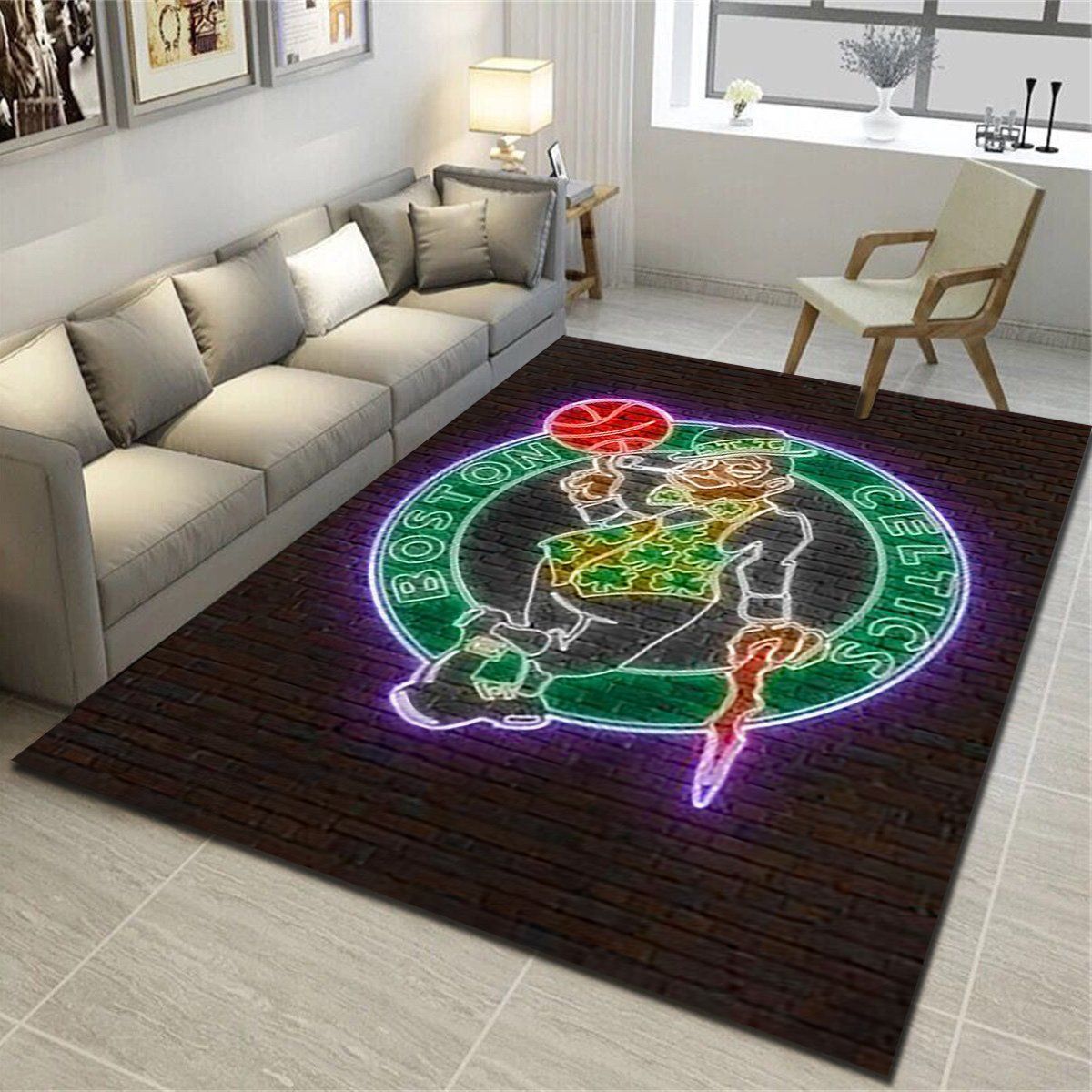 Boston Celtics Area Rug, Basketball Team Living Room Carpet, Man Cave Floor Mat