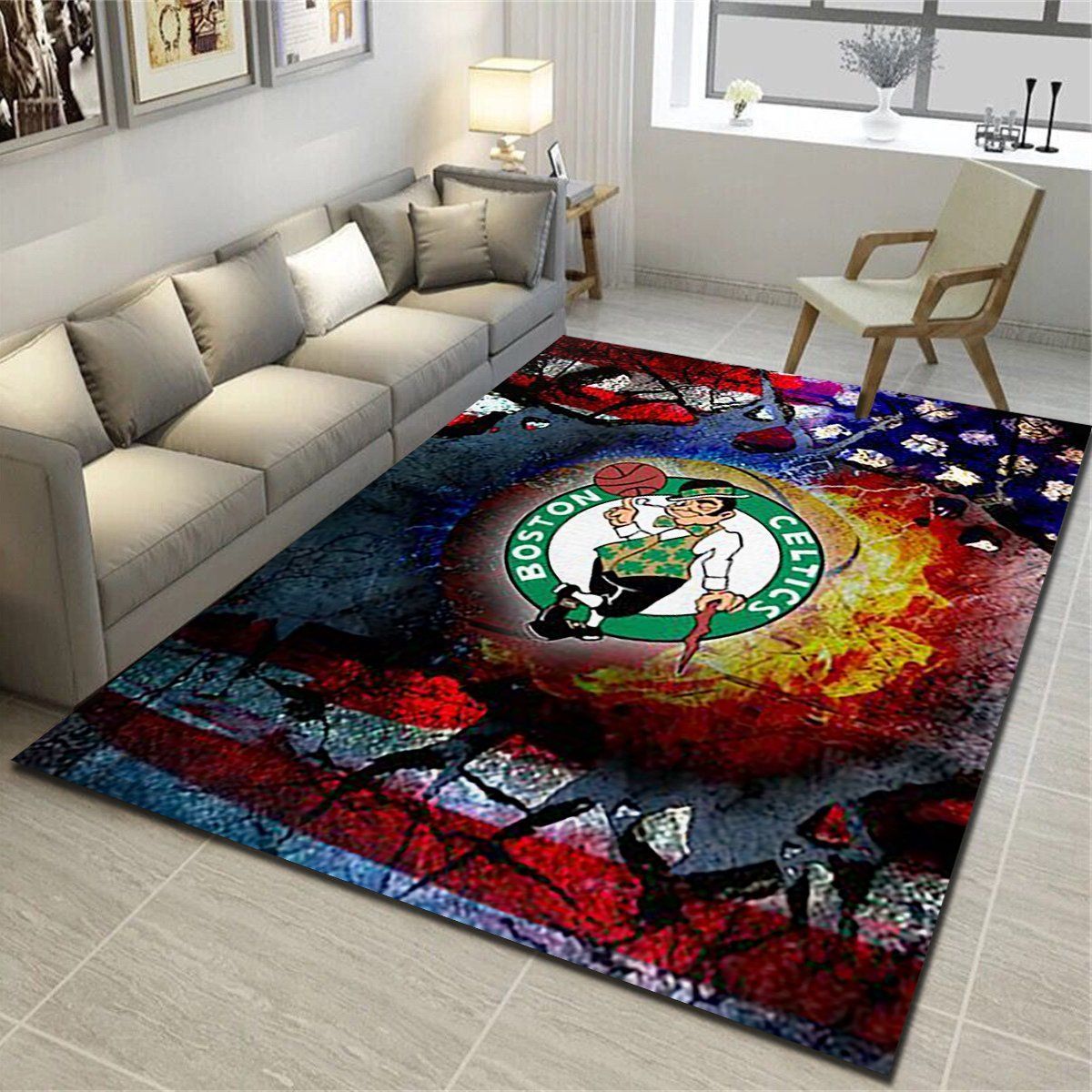 Boston Celtics Logo Area Rug, Basketball Team Living Room Carpet, Fan Cave Floor Mat