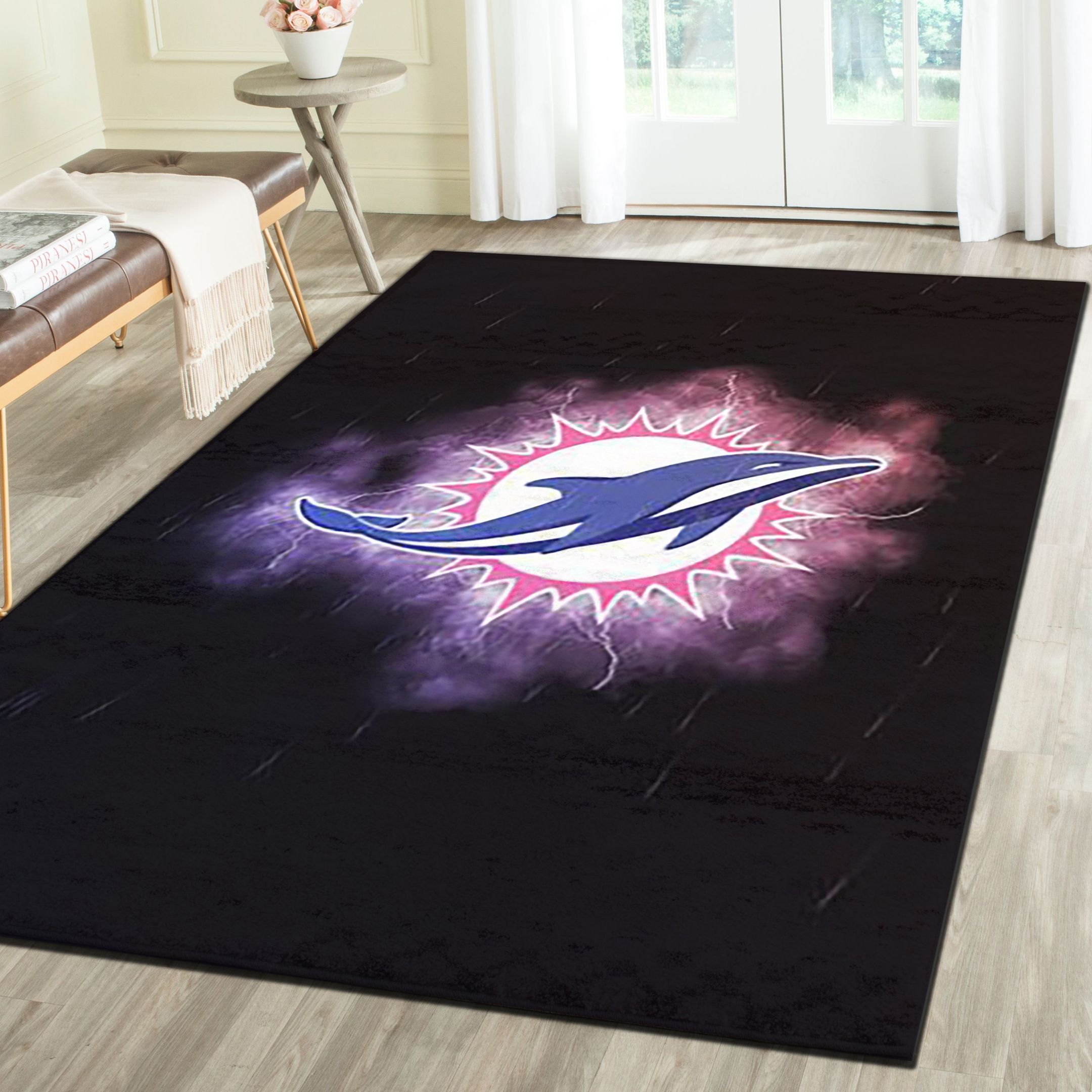 Miami Dolphins Area Rugs, Football Team Living Room Carpet, Sports Floor Decor