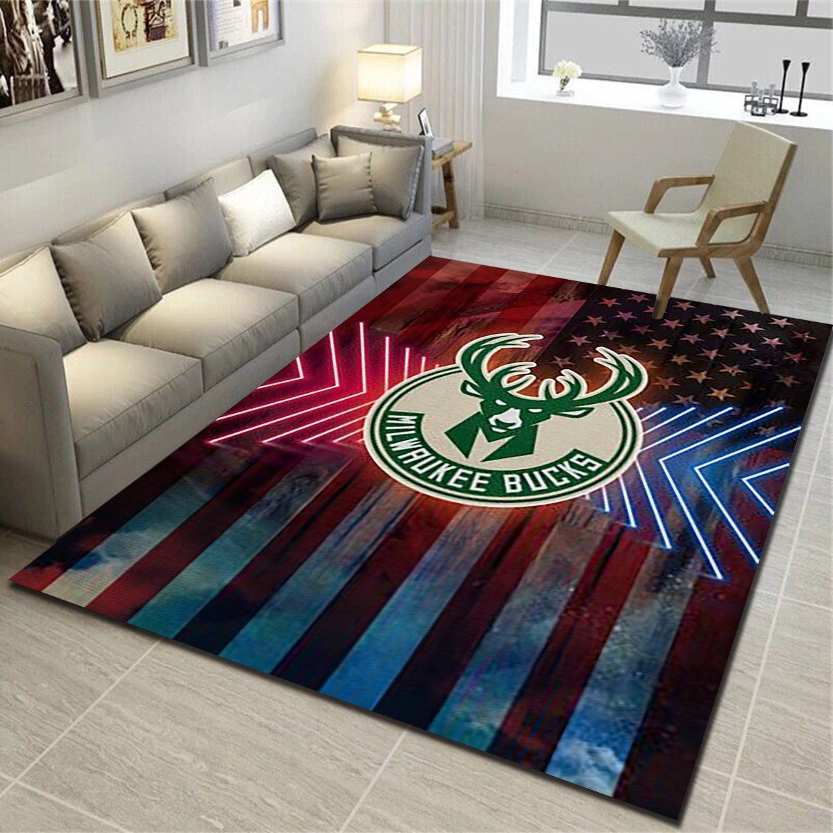 Milwaukee Bucks Area Rug, Basketball Team Living Room Carpet, Sports Floor Mat