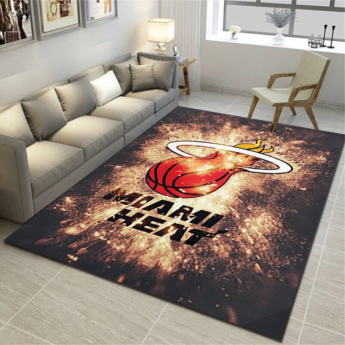 Miami Heat Logo Area Rug, Basketball Team Living Room Carpet, Sports Floor Mat