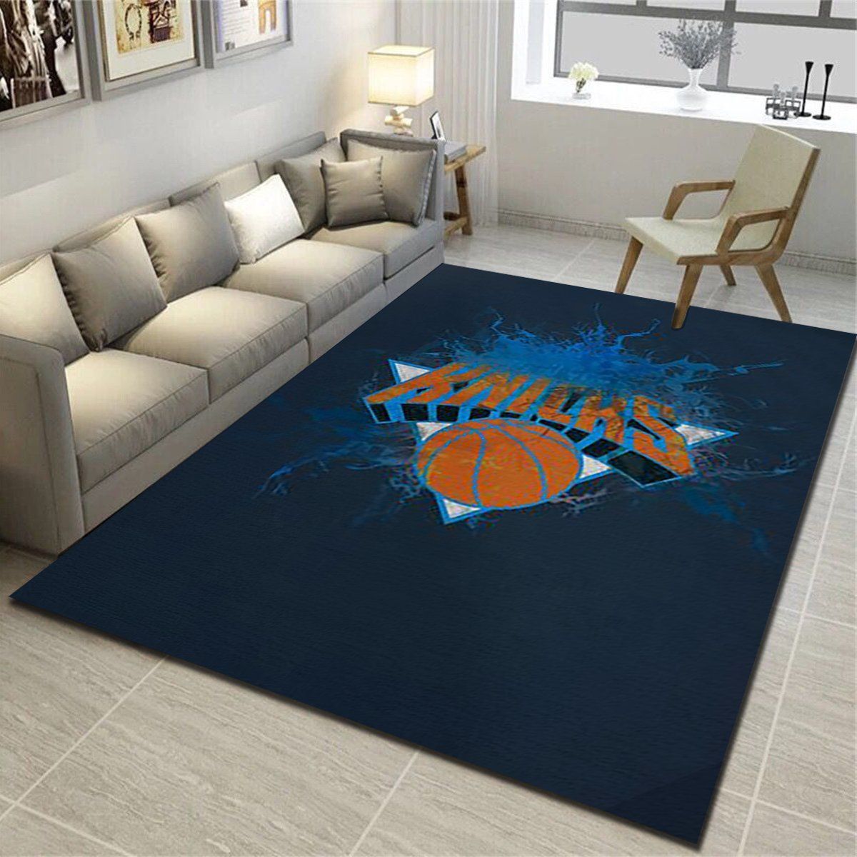 New York Knicks Logo Area Rug, Basketball Team Living Room Bedroom Carpet, Sports Floor Mat Home Decor