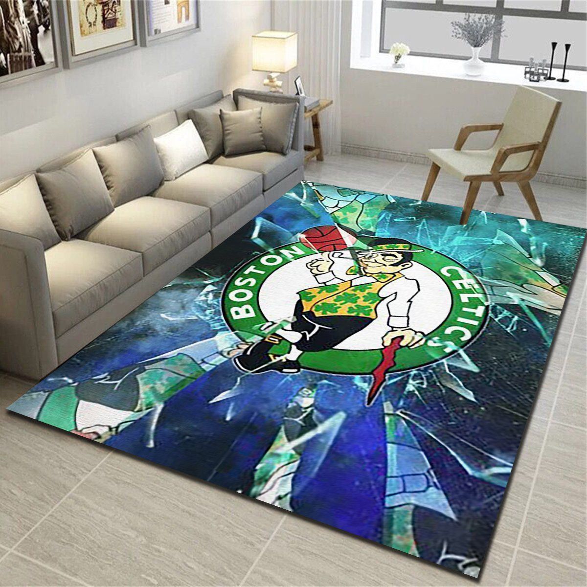 Boston Celtics Logo Area Rug, Basketball Team Living Room Carpet, Man Cave Floor Mat