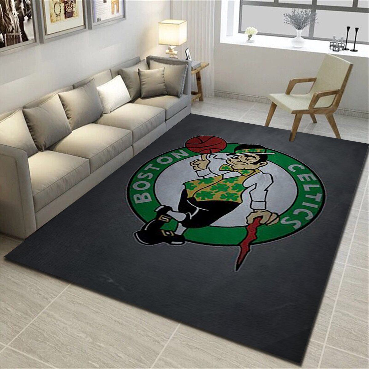 Boston Celtics Logo Area Rug, Basketball Team Living Room Bedroom Carpet, Man Cave Floor Mat