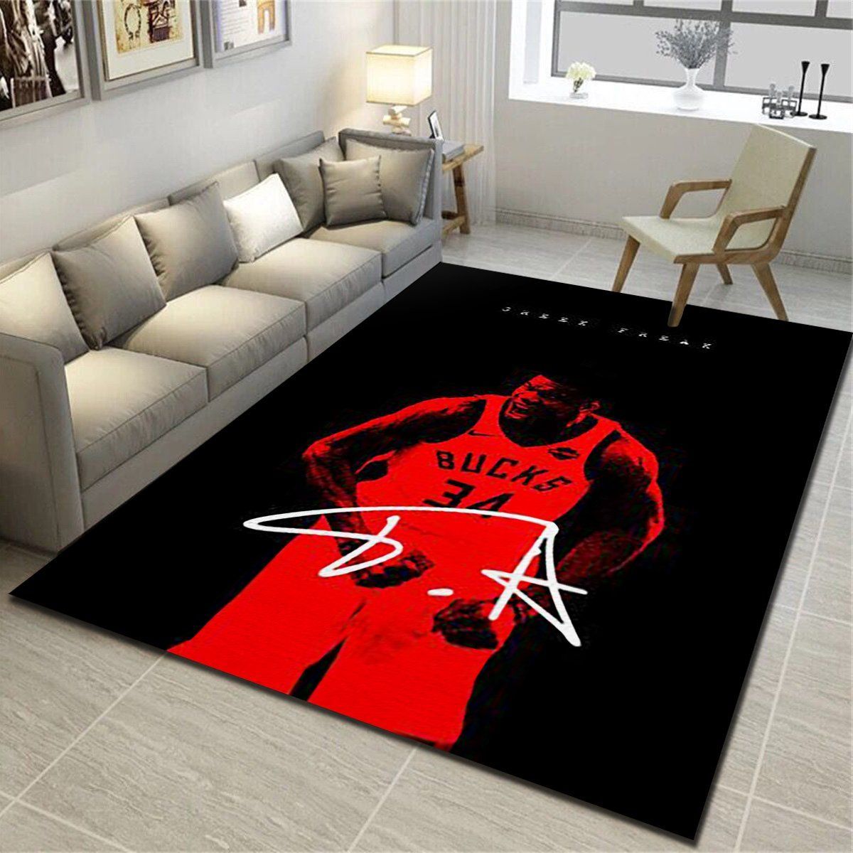 Milwaukee Bucks Logo Area Rug, Basketball Team Living Room Carpet, Sports Floor Mat