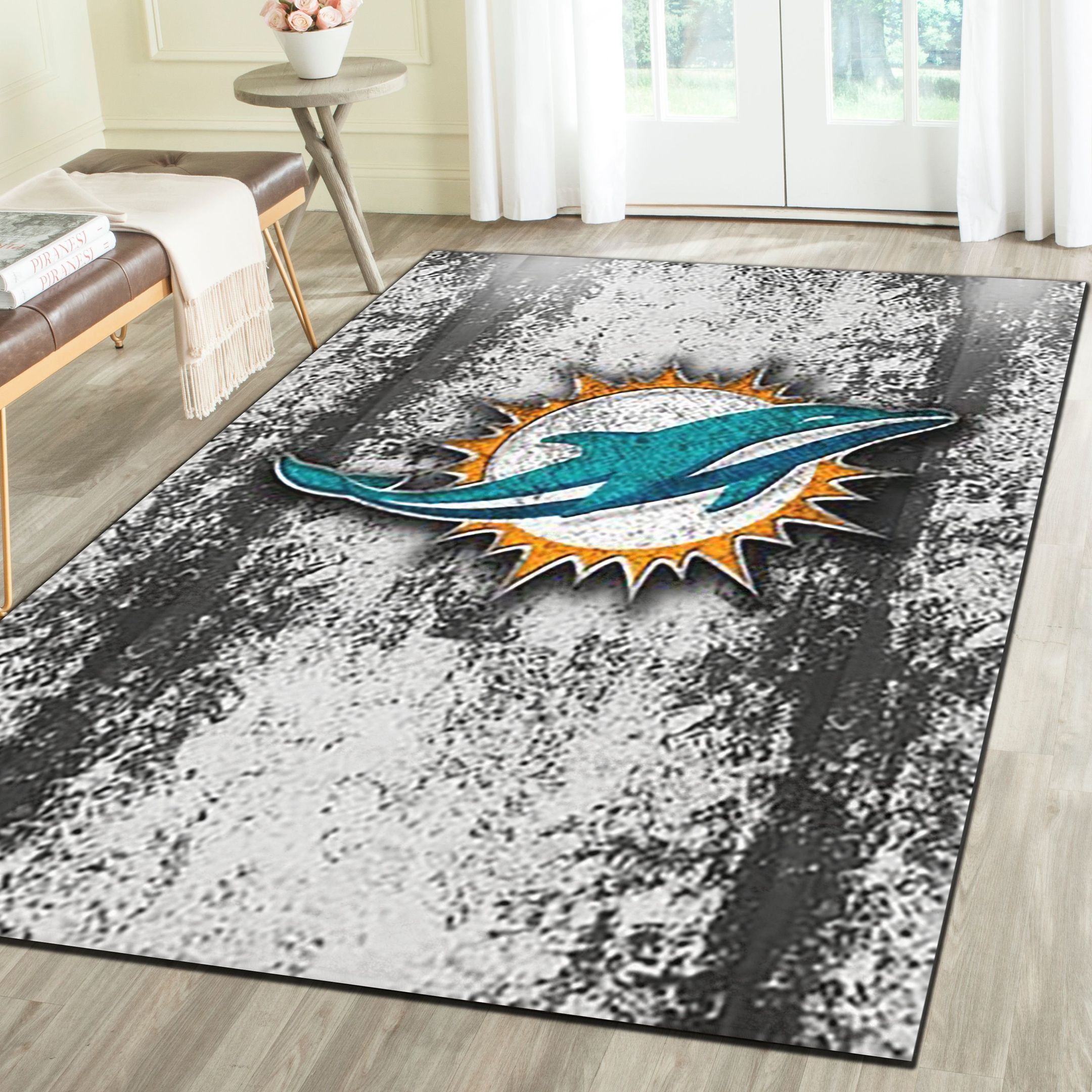 Miami Dolphins Area Rugs, Football Team Living Room Bedroom Carpet, Sports Floor Mat Home Decor