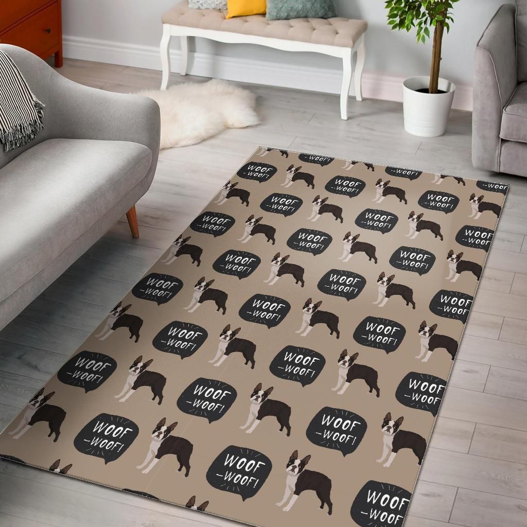 Beige Woof Woof Boston Terrier Area Rug Home Decor