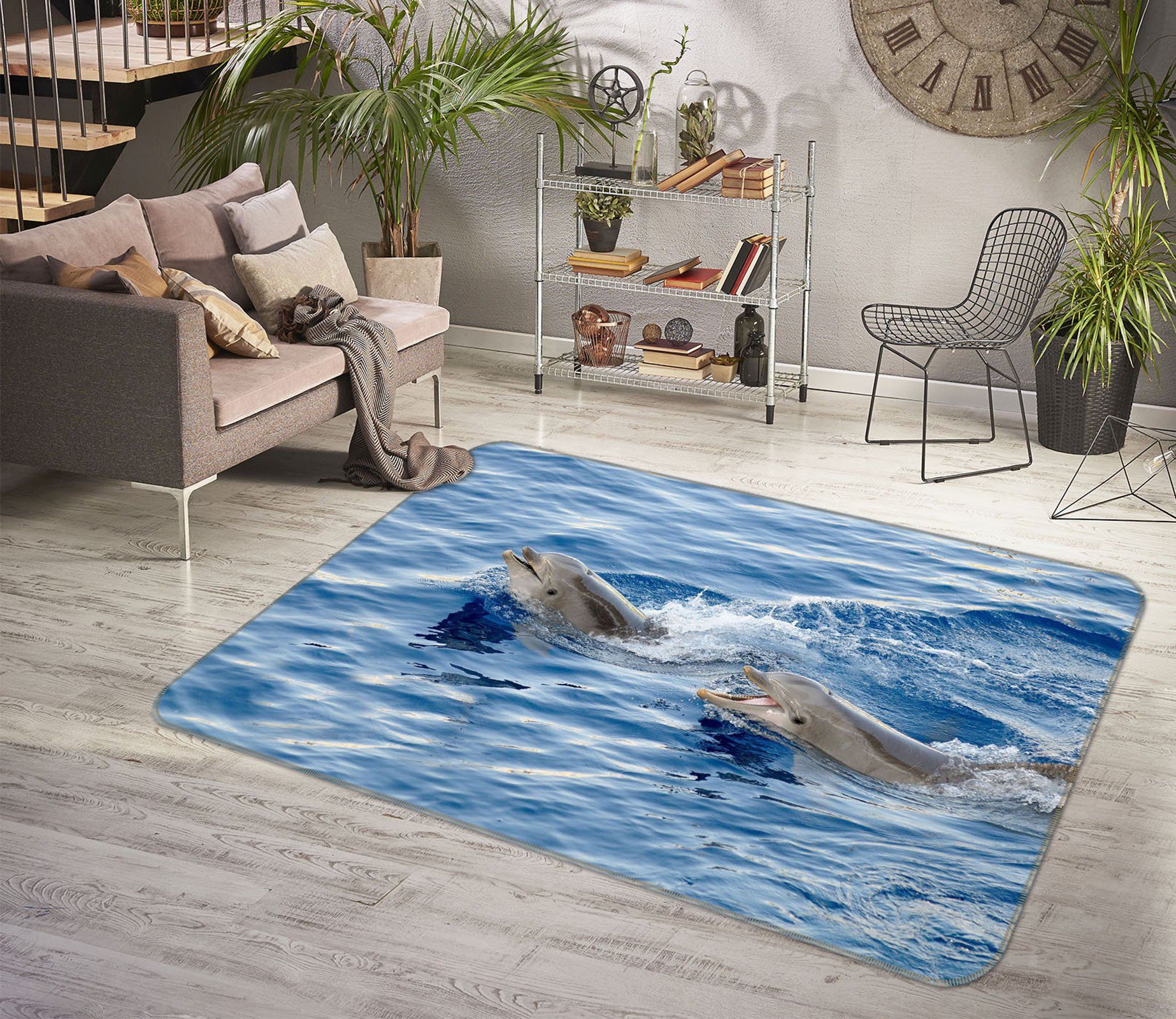 3D Sea Surface Dolphins Smiling Area Rug Home Decor