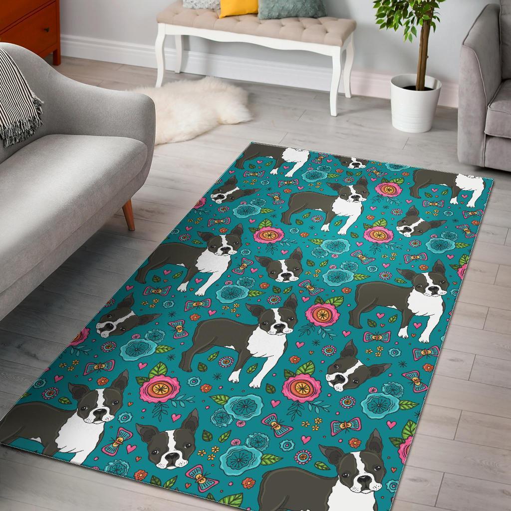 Flower Boston Terrier Pattern Print Area Rug